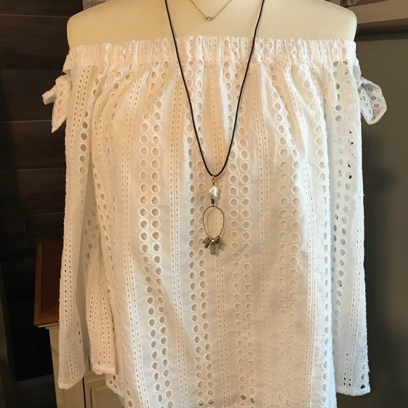Skies Are Blue Tops - Off shoulder white 3/4 sleeve top